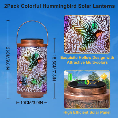 2Pack Solar Lanterns Outdoor Waterproof Hummingbird Colorful Garden Gifts for Mom, Multicolor Solar