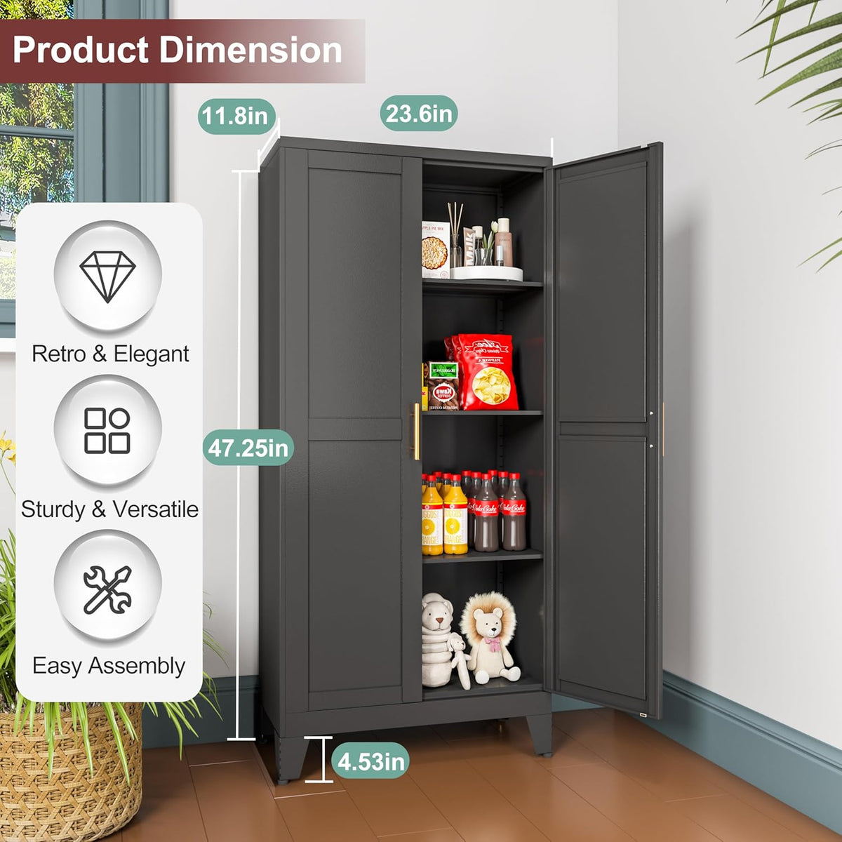Metal Pantry Cabinet with 2 Doors and Adjustable Shelves, Kitchen Storage cabinets with Gold
