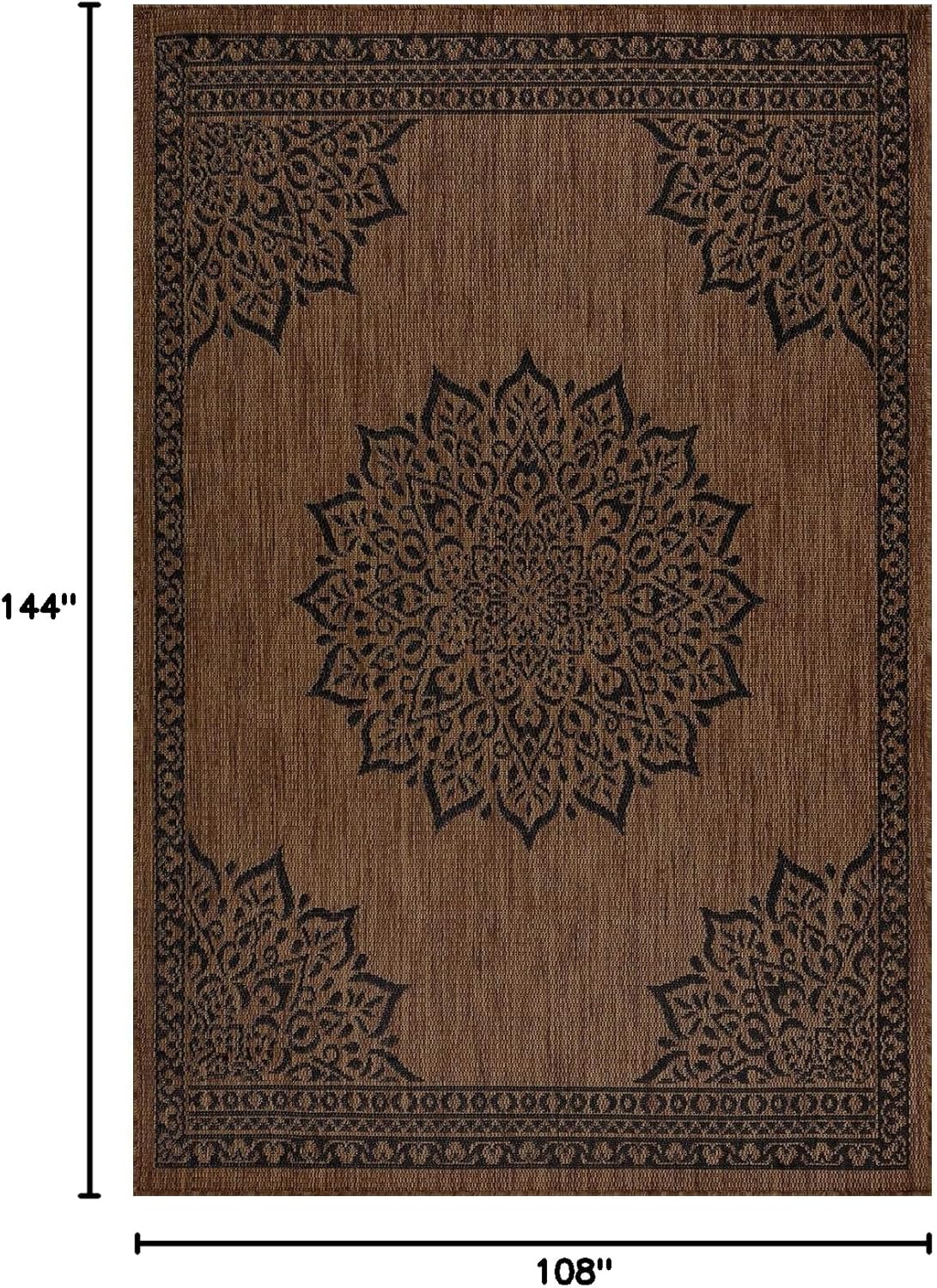 CAMILSON Outdoor Rug, 9x12 Medallion Nut Brown Black Modern Area Rugs for Large Indoor and Outdoor