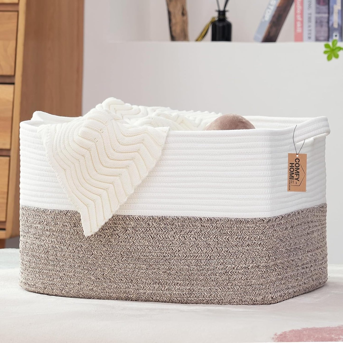COMFY-HOMI Large Laundry for Organizing|Rectangle Cotton Rope Storage with Handles|Blanket for