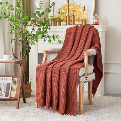 Longhui bedding Chunky Cable Knit Throw Blanket Lightweight Rust 100% Organic Cotton Blanket for