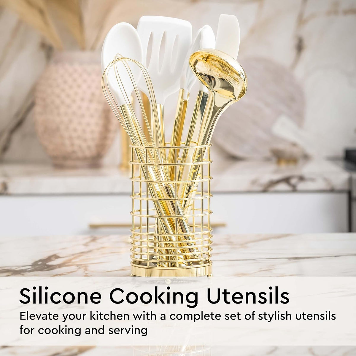 White and Gold Kitchen Utensils Set - 23-Piece Gold Kitchen Accessories Include Measuring Cups and