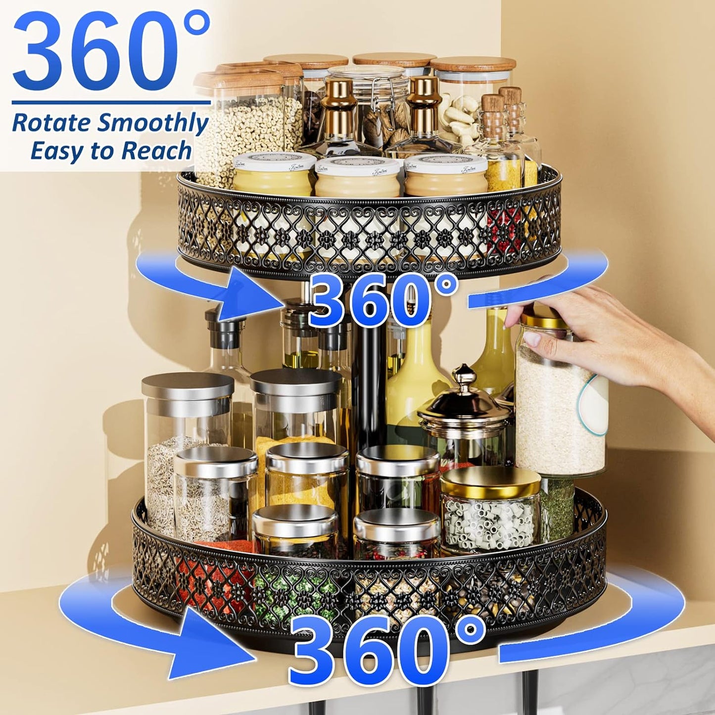 Lazy Susan Organizer 2 Tier - Turntable Spice Rack 12 inch Adjustable Metal Rotating Lazy Susan for