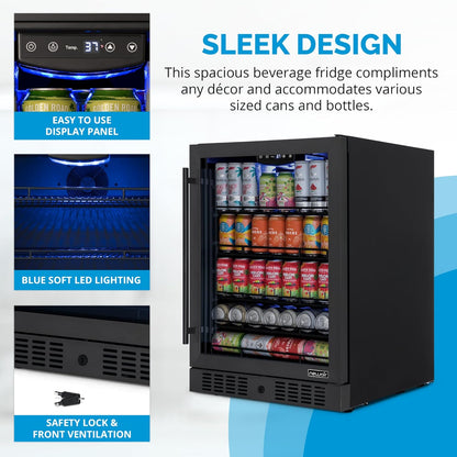 Newair 24" Beverage Refrigerator 177 Can Capacity, Black Stainless Steel Mini Fridge with Built-in