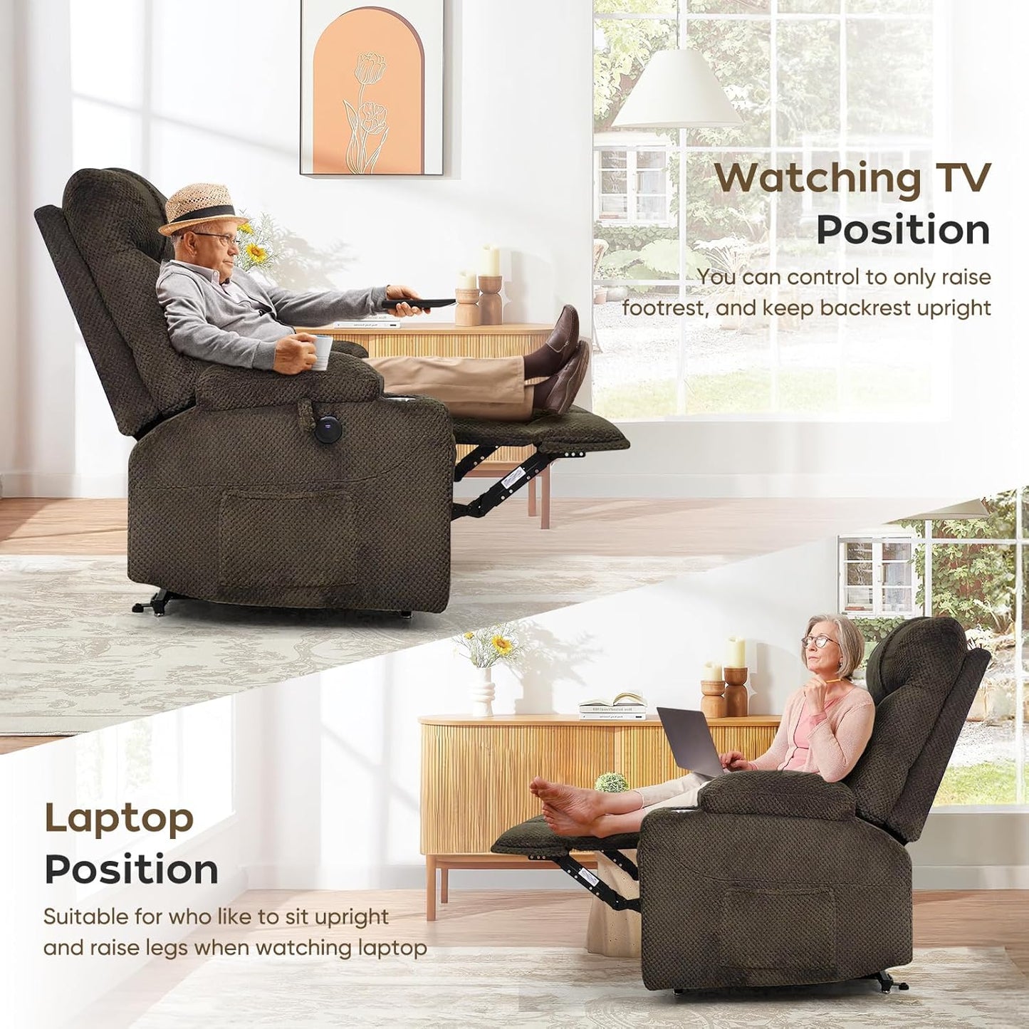 Oversized Dual Motor Lay Flat Power Lift Recliner Chair with Massage, Heating, Lumbar Pillow, USB &