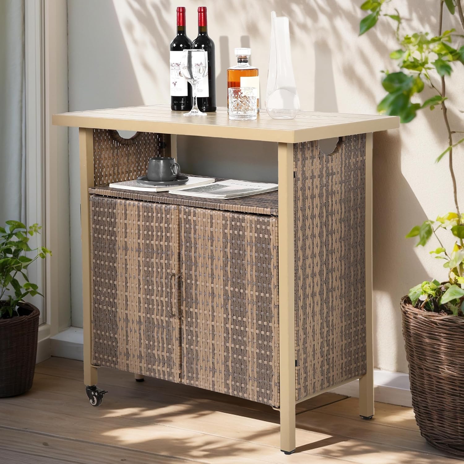 Outdoor Indoor Storage Cabinet with Rolling Wheels, Patio Serving Cart with Bar Table and Wicker