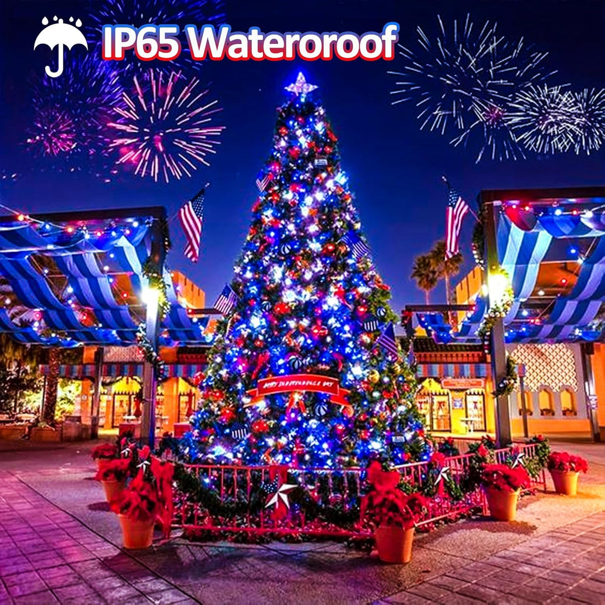 EEW 2 Pack 200 LED Red White and Blue Solar String Lights Outdoor Waterproof, Solar Powered LED