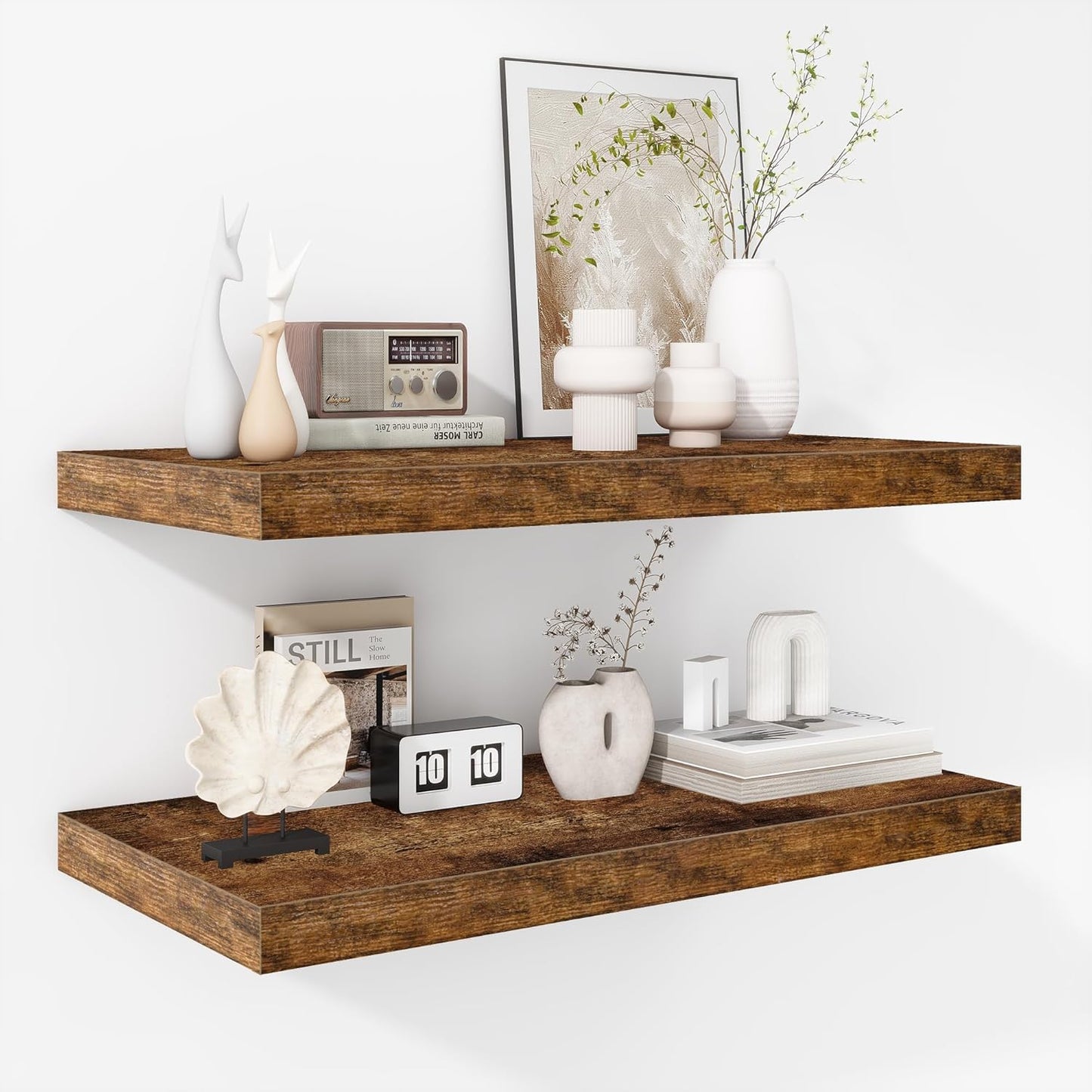 Fun Memories Floating Shelves - 2 Pack 12 Inch Deep Rustic Wooden Wall Shelves - Extra Deeper &