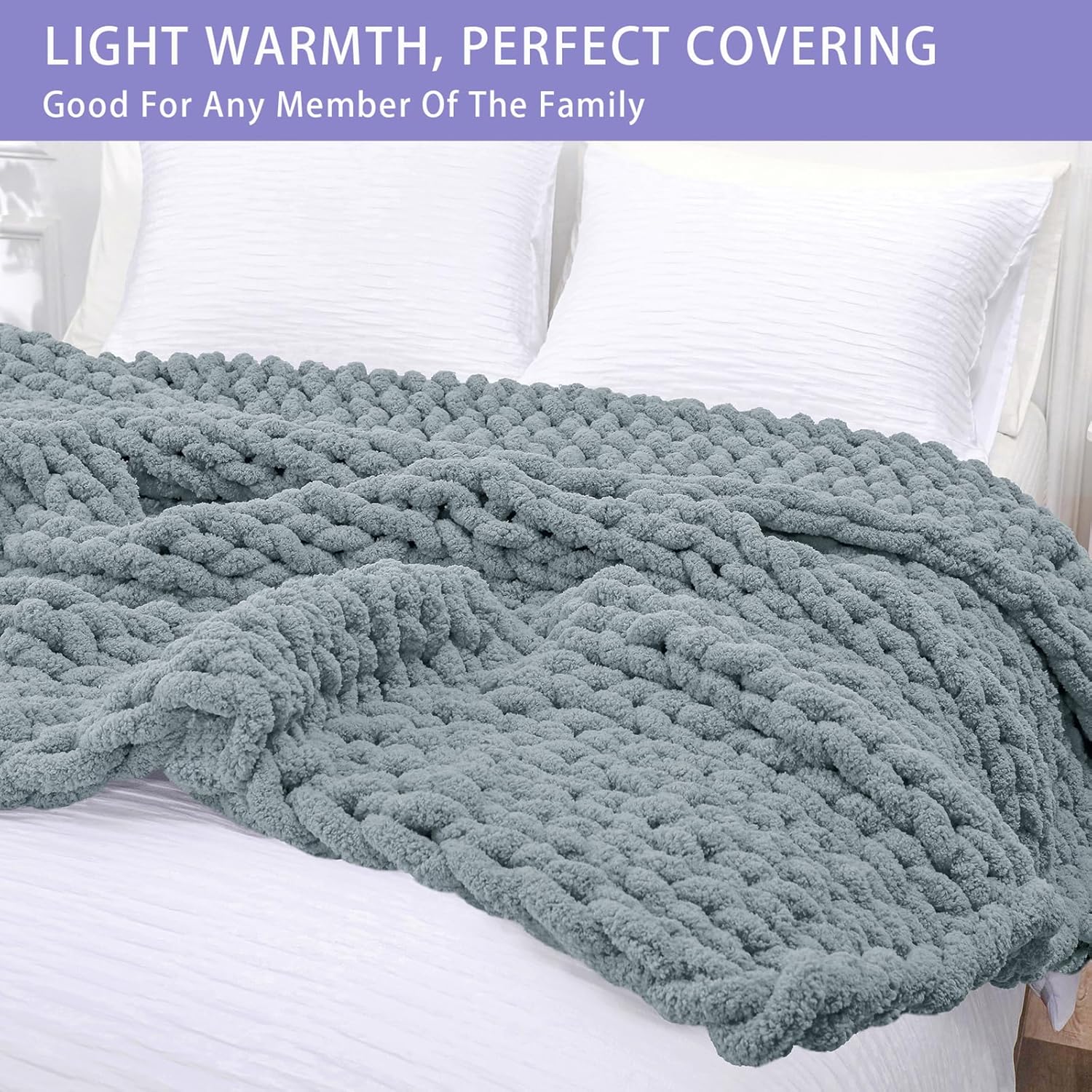 Bigacogo Chunky Knit Throw Blanket for Couch, 40x60 inches, 100% Hand Knitted with Thick Jumbo