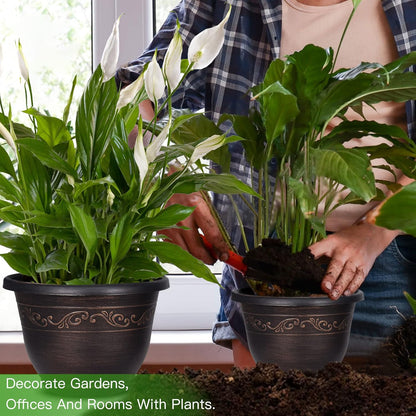Plastic-Plant-Flower-Planters-12 Inch with Drainage Hole & Saucer, 3 Packs Lightweight Small Resin
