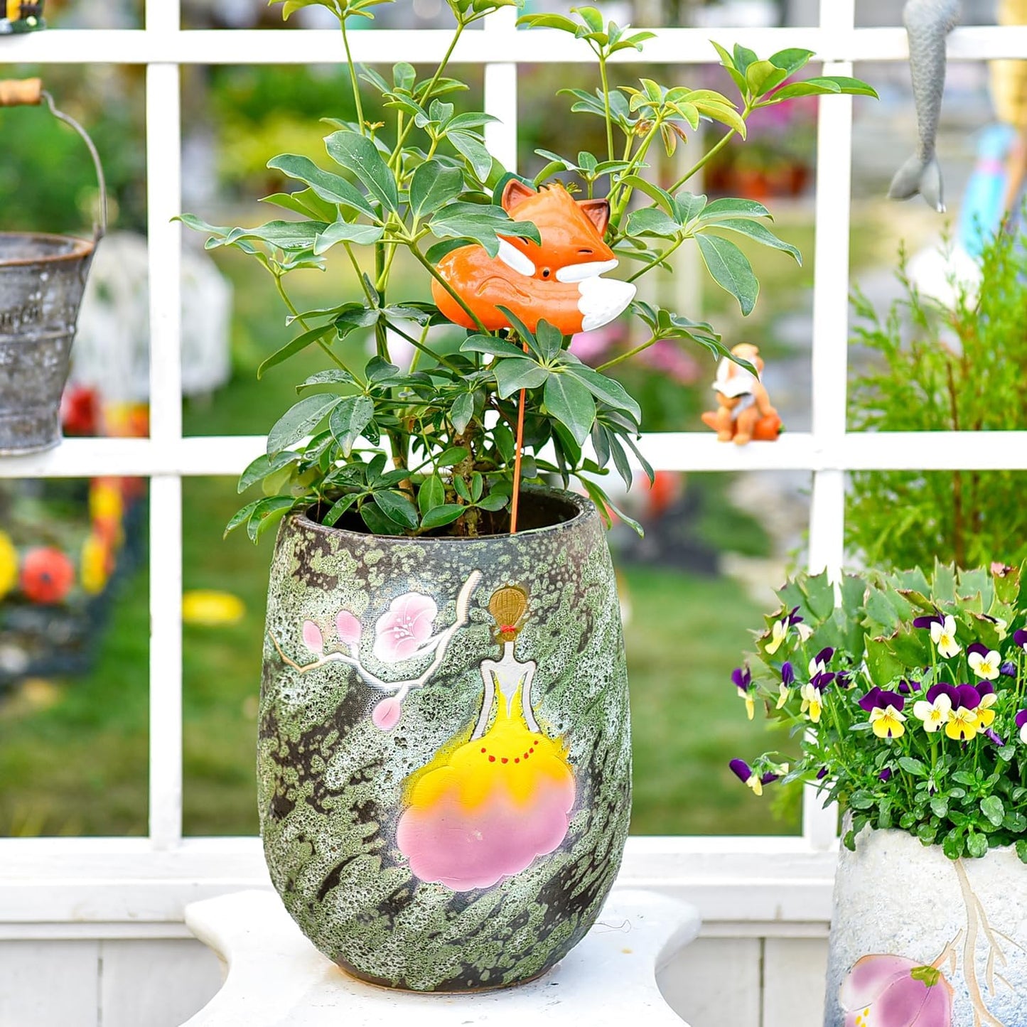 Sungmor 10.6 Inch Ceramic Succulent Plant Pot with Drainage Hole, Hand Painted Flower Pots for