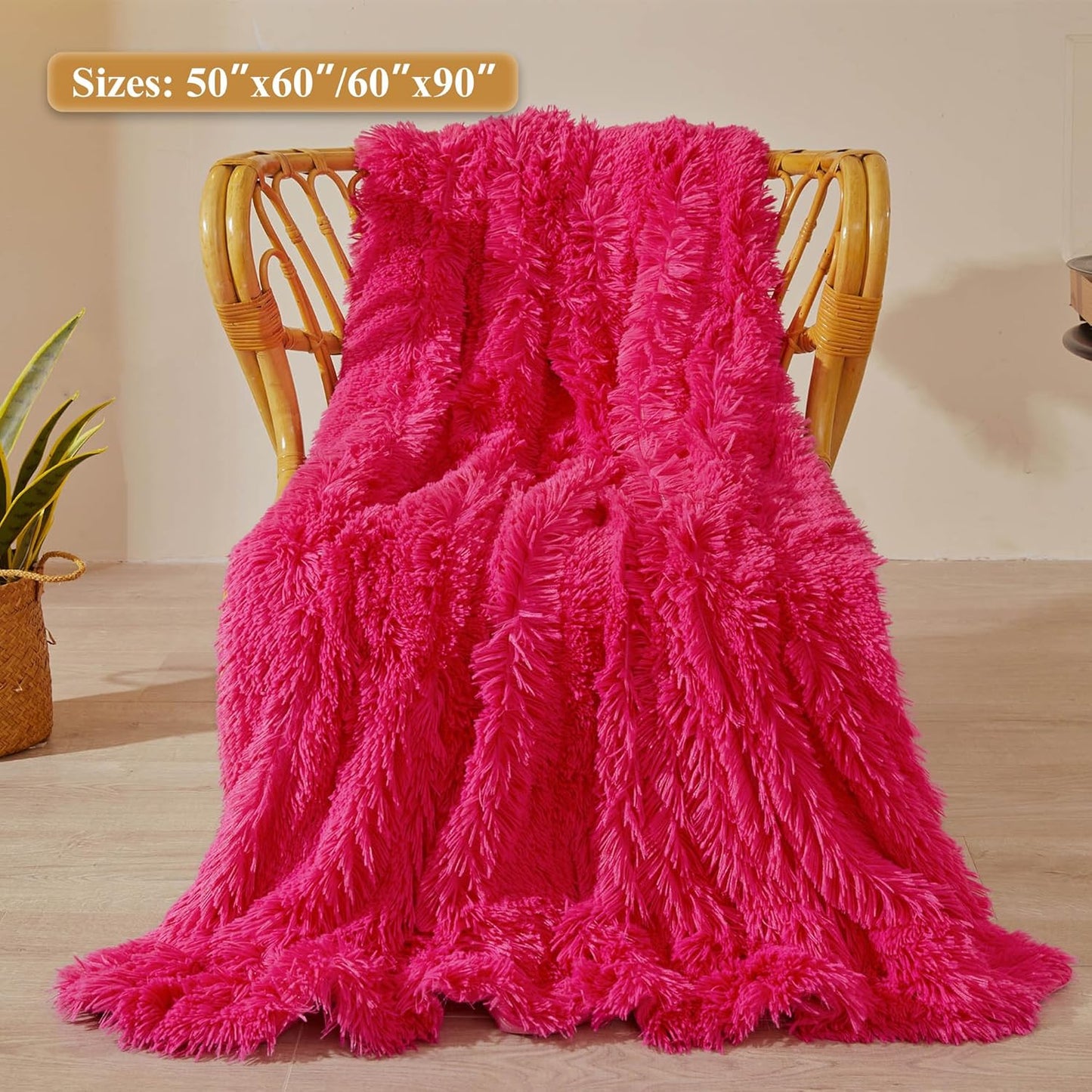 XeGe Luxury Faux Fur Blanket, Hot Pink Soft Big Fluffy Throw, Shaggy Plush Decorative Couch Throw