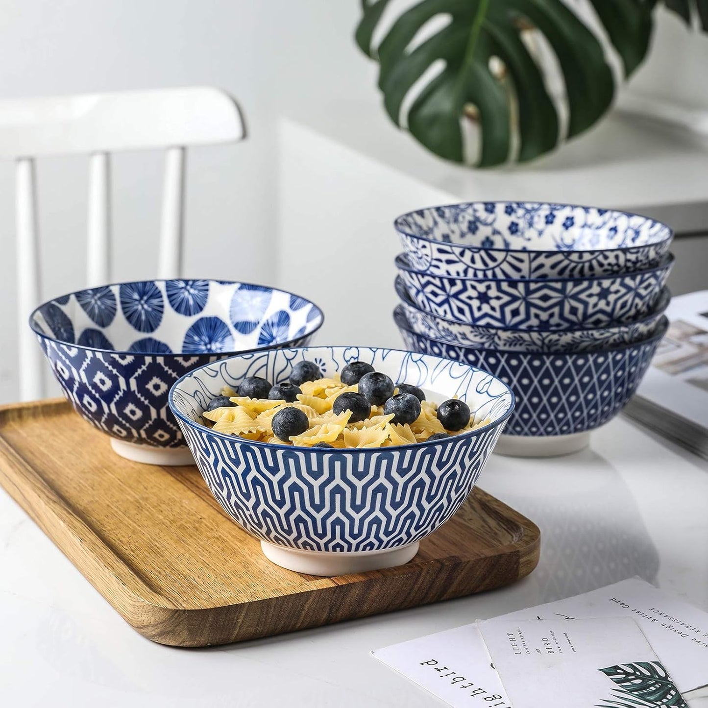 Selamica Blue and White Porcelain 20oz Cereal Bowl Set - Set of 6, 6 inch Soup Bowls, Ceramic bowls