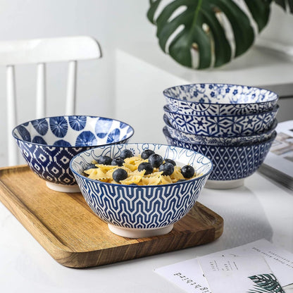 Selamica Blue and White Porcelain 20oz Cereal Bowl Set - Set of 6, 6 inch Soup Bowls, Ceramic bowls