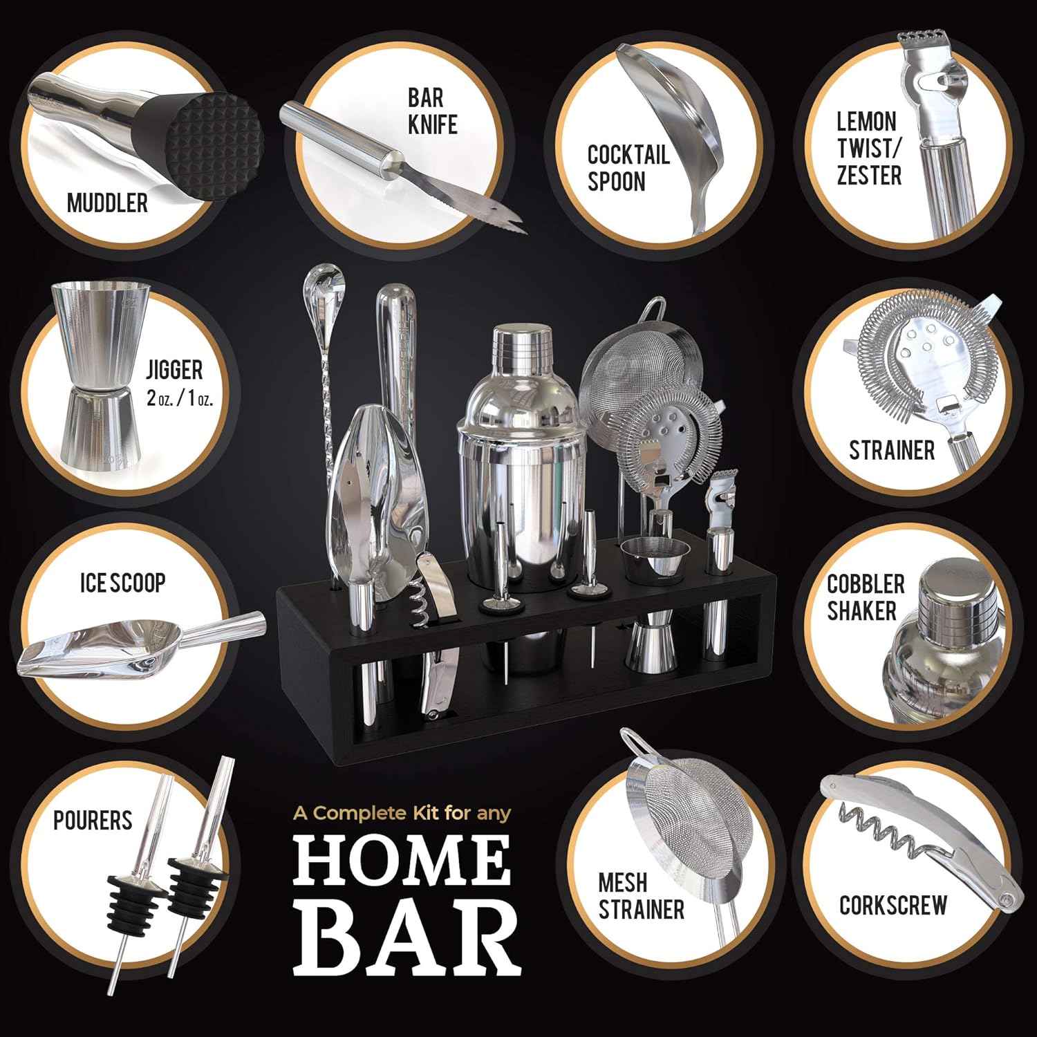 Highball & Chaser 13-Piece Cobbler Cocktail Shaker Set Stainless Steel Mixology Bartender Kit With