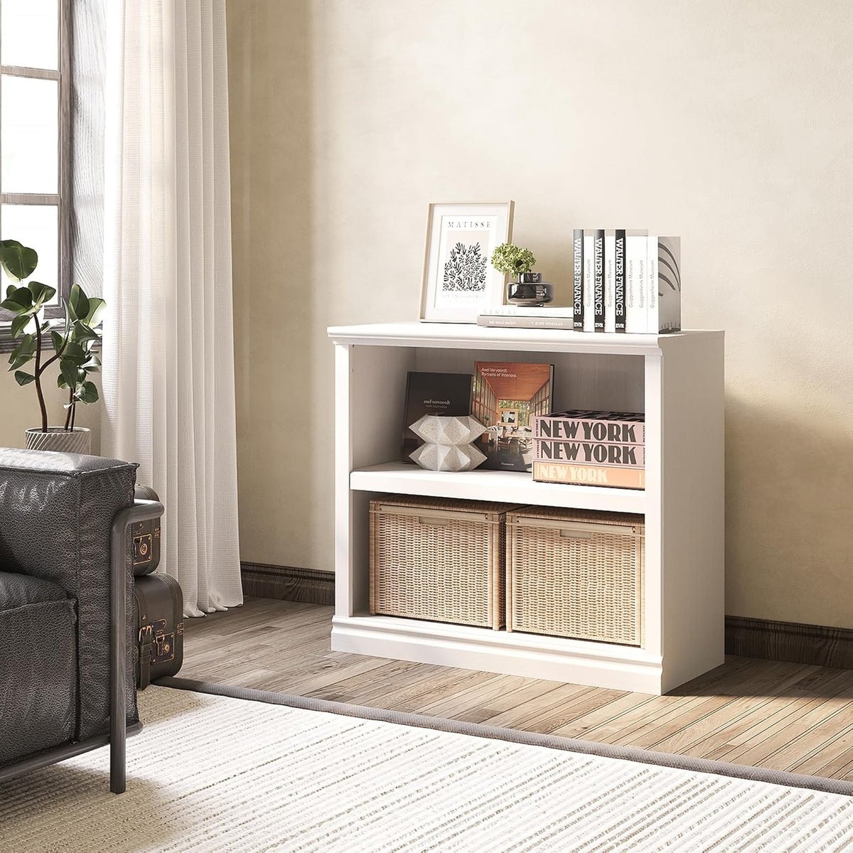 30" Bookcase, White Floor Standing Bookshelf, 2-Tier Display Shelves Open Storage Organizer, Book