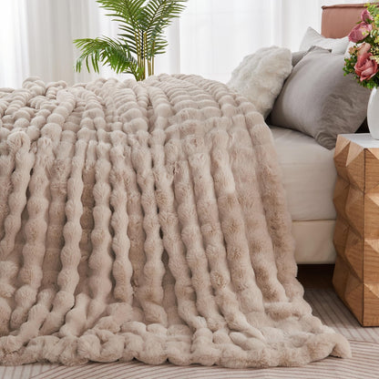 Lotus Karen Faux Fur Throw Blanket Linen - 800 GSM Bubble Rabbit Fluff Blanket for Couch Bed