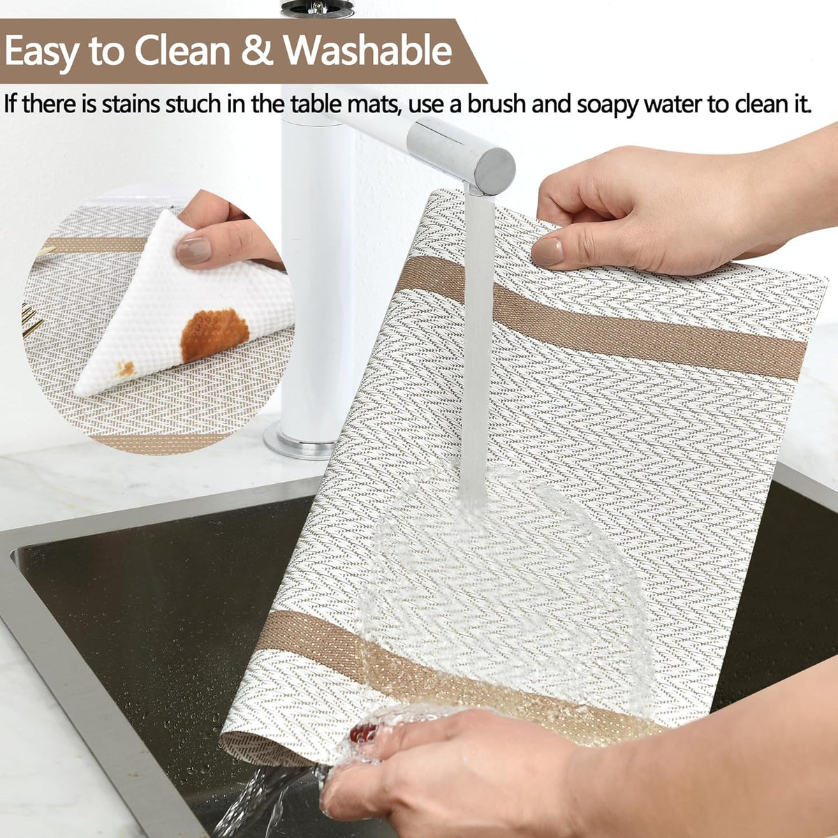 Beige White Placemats Set of 8 - Easy Clean Modern Durable Washable Vinyl Place Mats - Heat