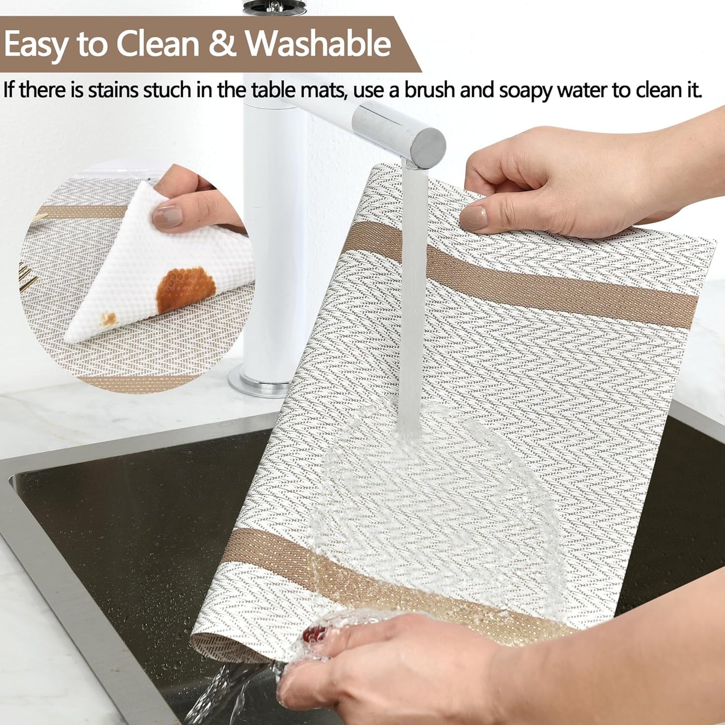 Beige White Placemats Set of 6 - Easy Clean Modern Durable Washable Vinyl Place Mats - Heat