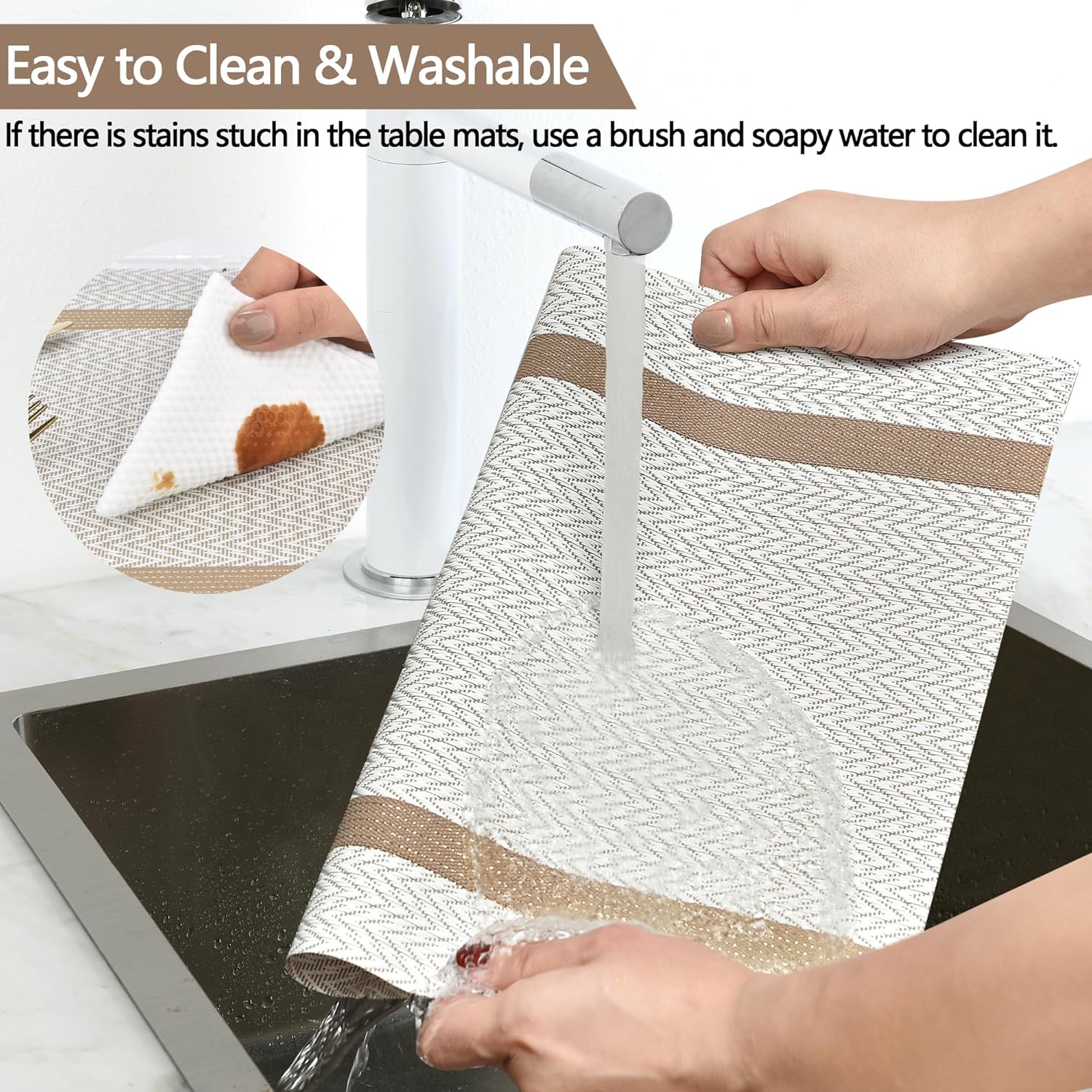 Beige White Placemats Set of 6 - Easy Clean Modern Durable Washable Vinyl Place Mats - Heat