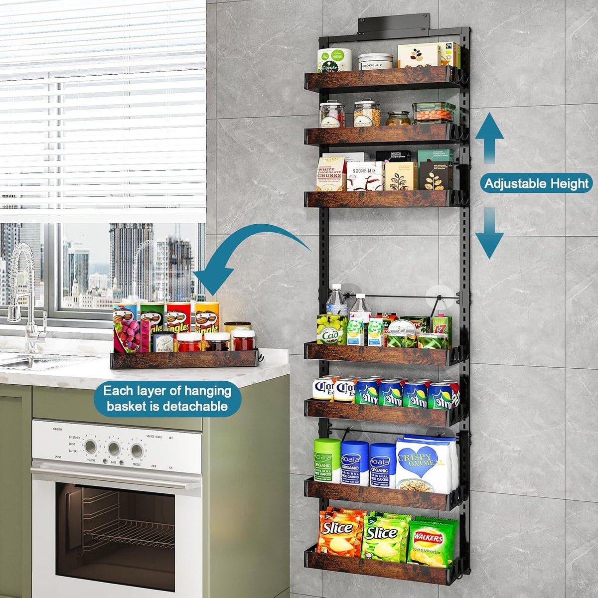 bukfen Over the Door Pantry Organizer, 8-Tier Adjustable Wooden Basket Kitchen Pantry Door