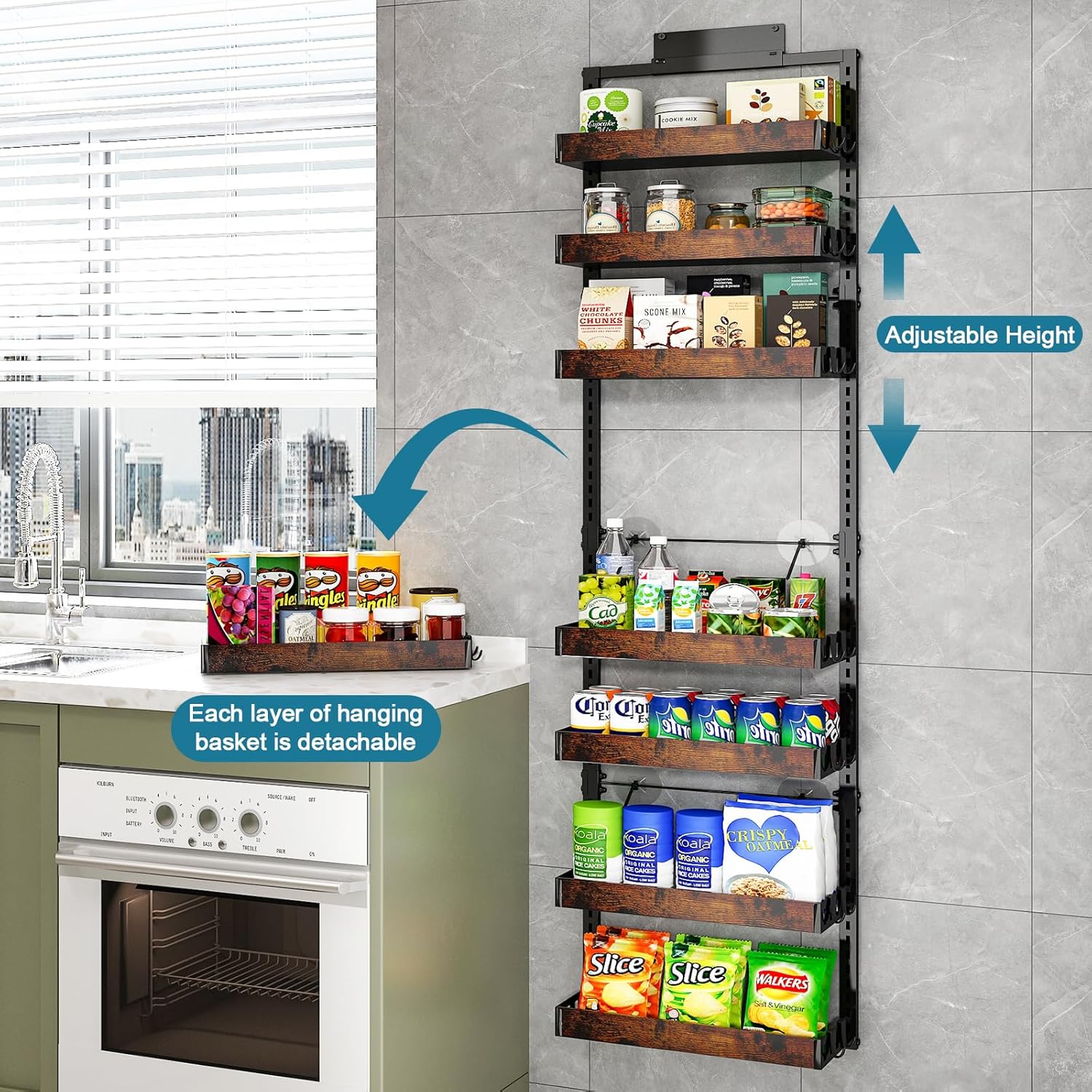 bukfen Over the Door Pantry Organizer, 8-Tier Adjustable Wooden Basket Kitchen Pantry Door