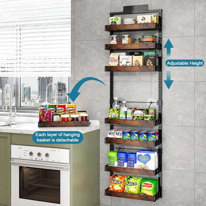 bukfen Over the Door Pantry Organizer, 8-Tier Adjustable Wooden Basket Kitchen Pantry Door
