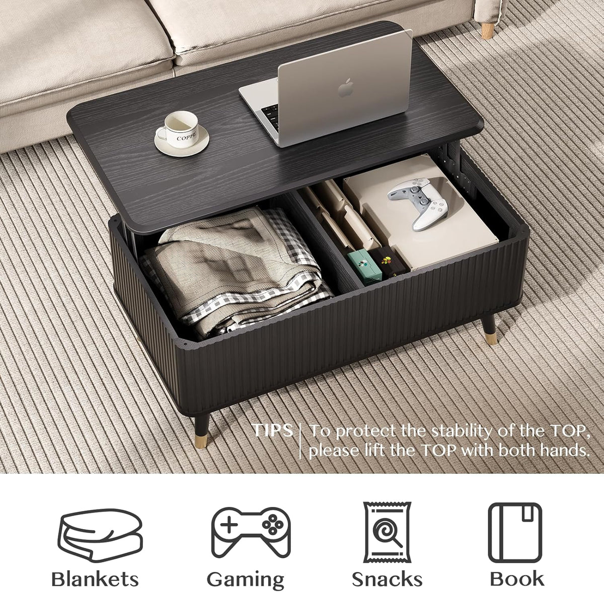 Lift Top Coffee Table with Storage Shelf & Hidden Compartment, Mid Century Modern Fluted Rectangle