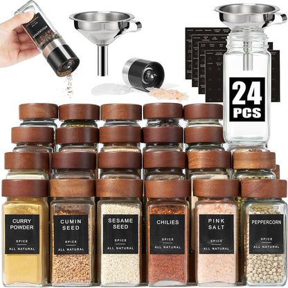 Yangbaga 24Pcs Glass Spice Jars with Labels-4OZ Wood Lid Square Spice Containers with Pepper