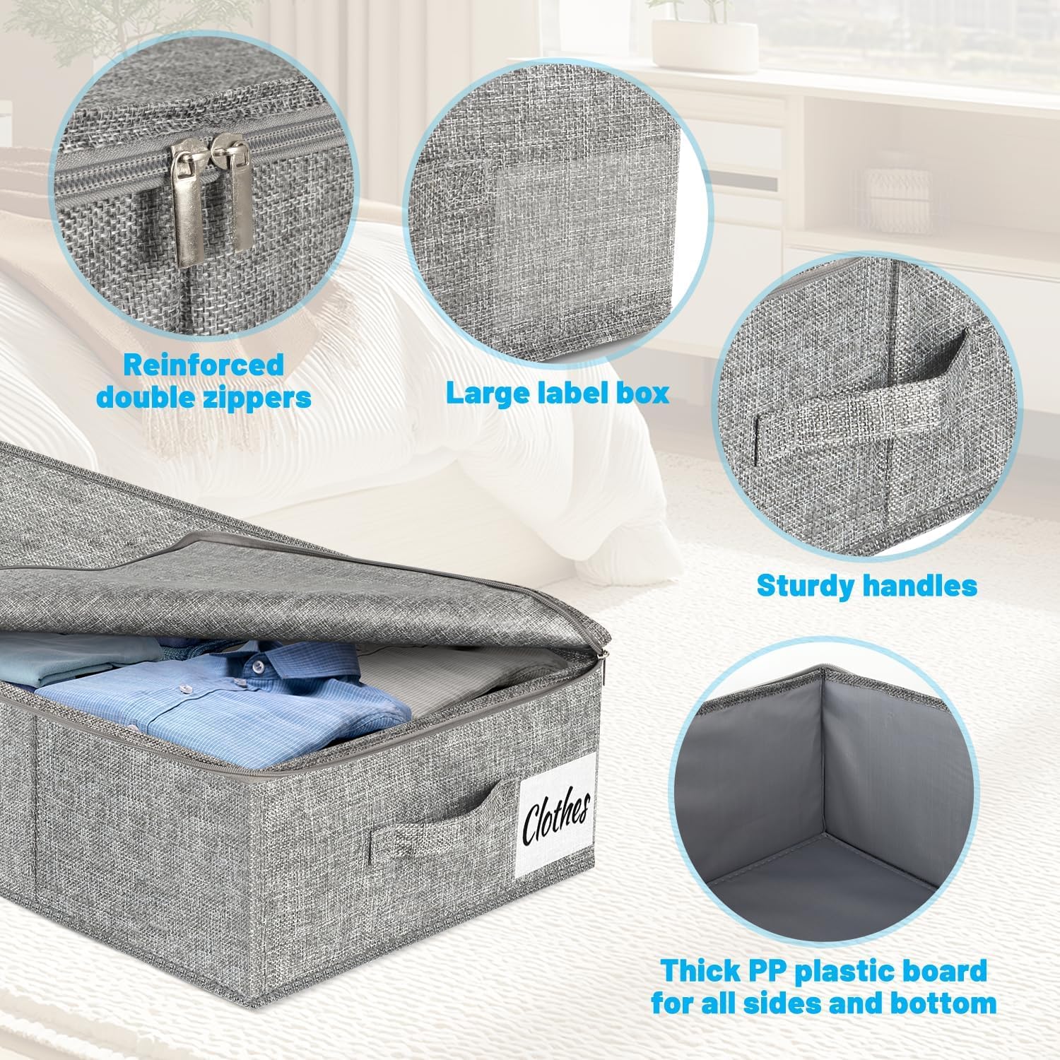 Under Bed Storage Container Bin 3 Pack, Low Profile Foldable Underbed Clothes Storage Organizer W/