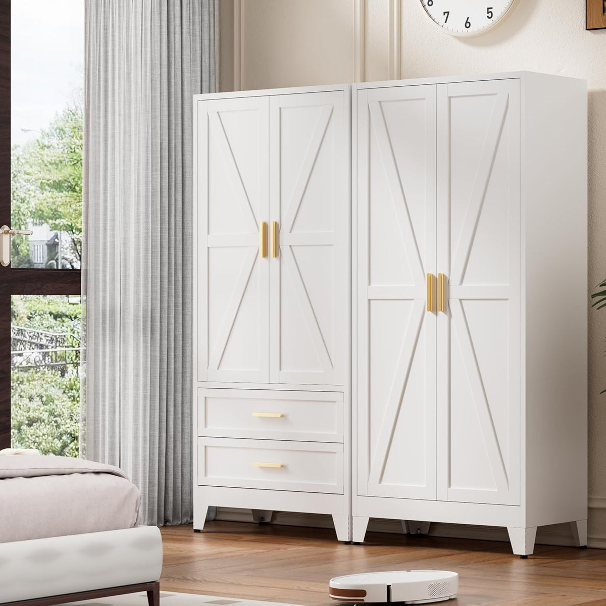 71'' Farmhouse Metal Wardrobe Cabinet with Hanging Rod, 2 Barn Door Wardrobe Closet with 2