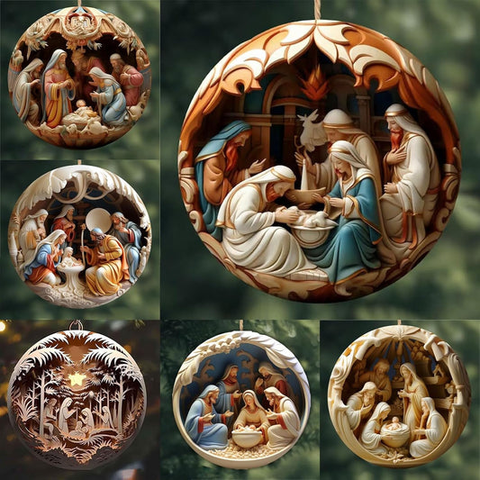 6 Pack Nativity Scene Ornaments - 3.15'' Diameter & Gifts Boxed Keepsake | Christmas Tree Nativity