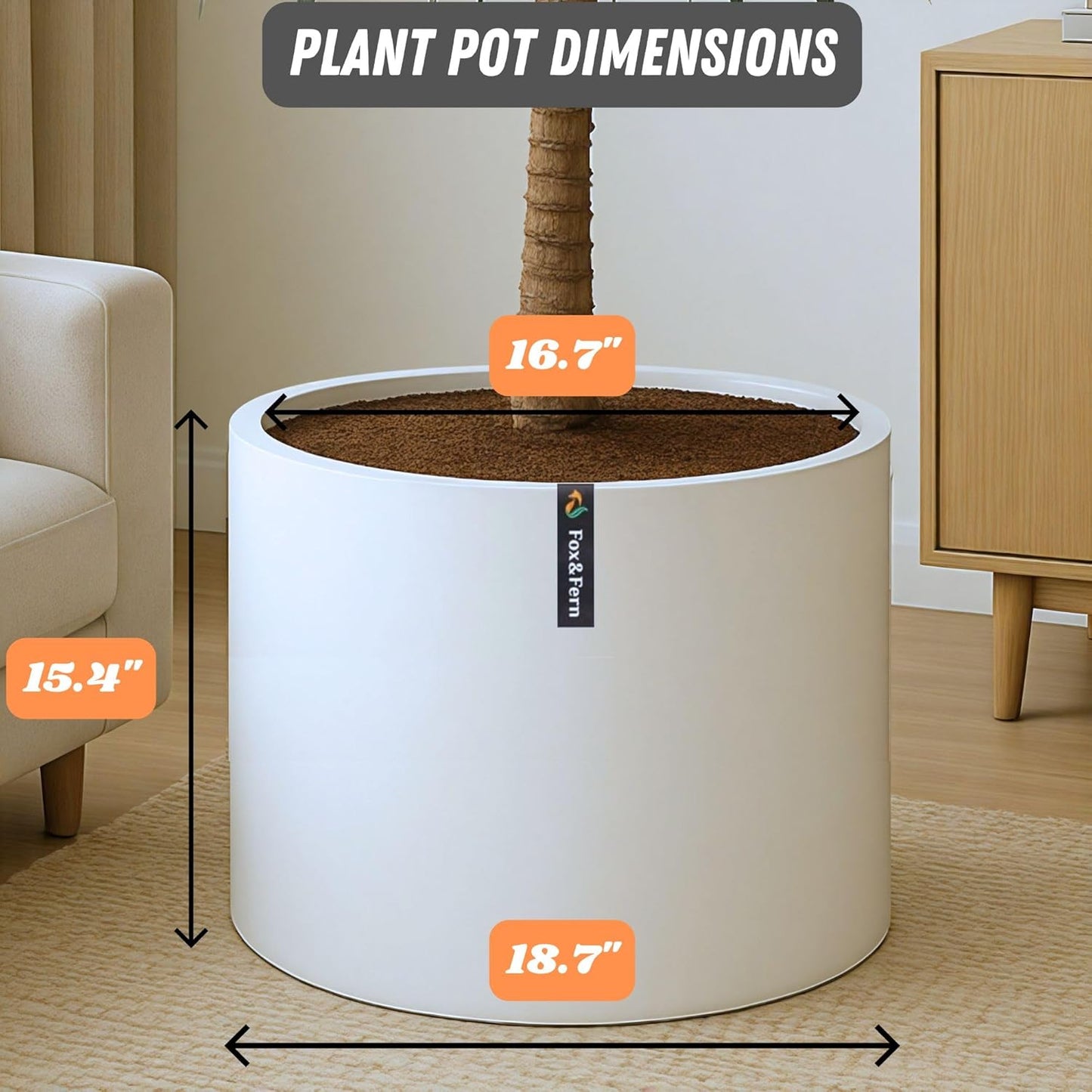 Fox & Fern 18.7 Inch Extra Large Planter — Premium Lightweight Fiberstone Matte White Plant Pot