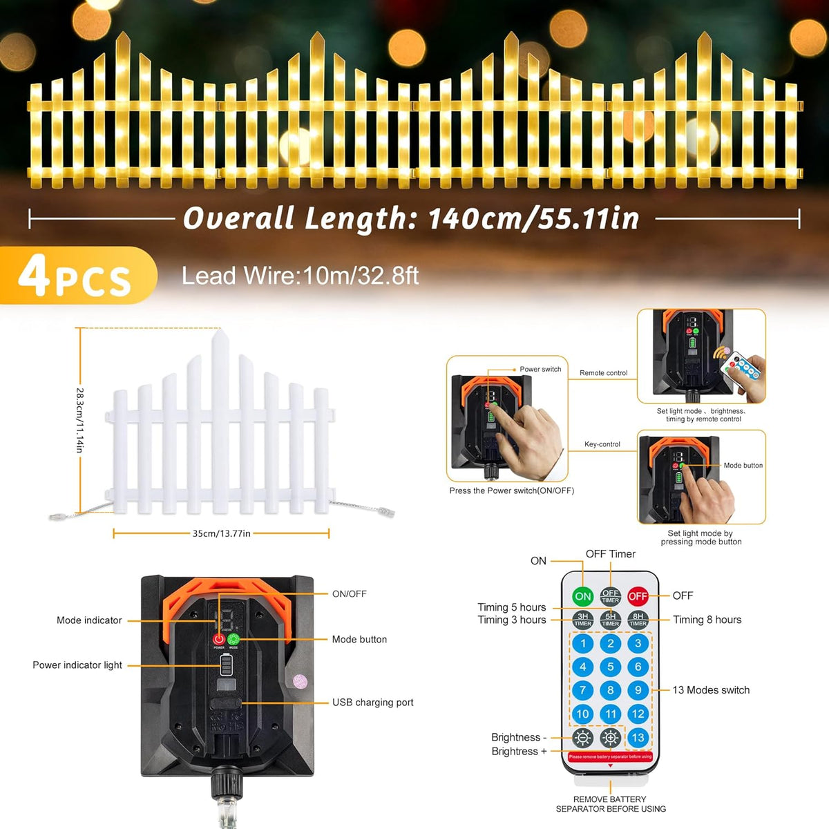 Hopolon 4 Pack Solar Garden Lights Outdoor, 11.1in (H) X 4.6ft (L) 144 Led White Picket Fence