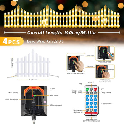 Hopolon 4 Pack Solar Garden Lights Outdoor, 11.1in (H) X 4.6ft (L) 144 Led White Picket Fence