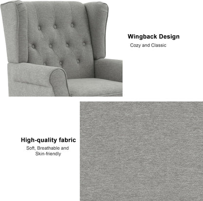 Accent Chair, Upholstered Armchair with Button Tufted High Back & Solid Wood Legs, Comfy Wingback