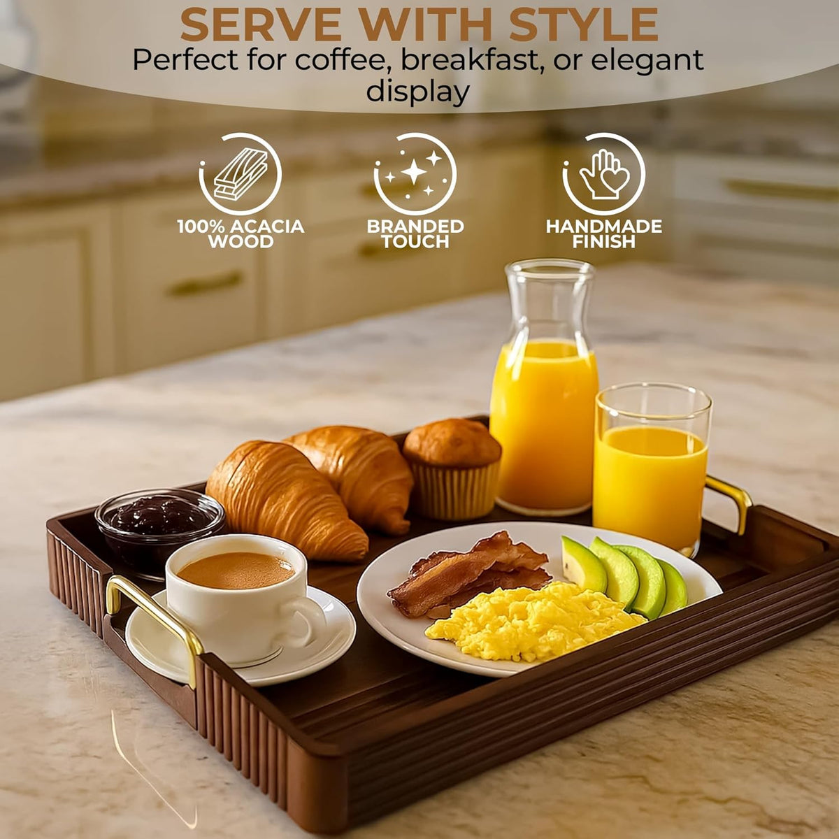 Acacia Wood Serving Tray with Metal Handles – 17x12in Rustic Decorative Ottoman & Coffee Table Tray