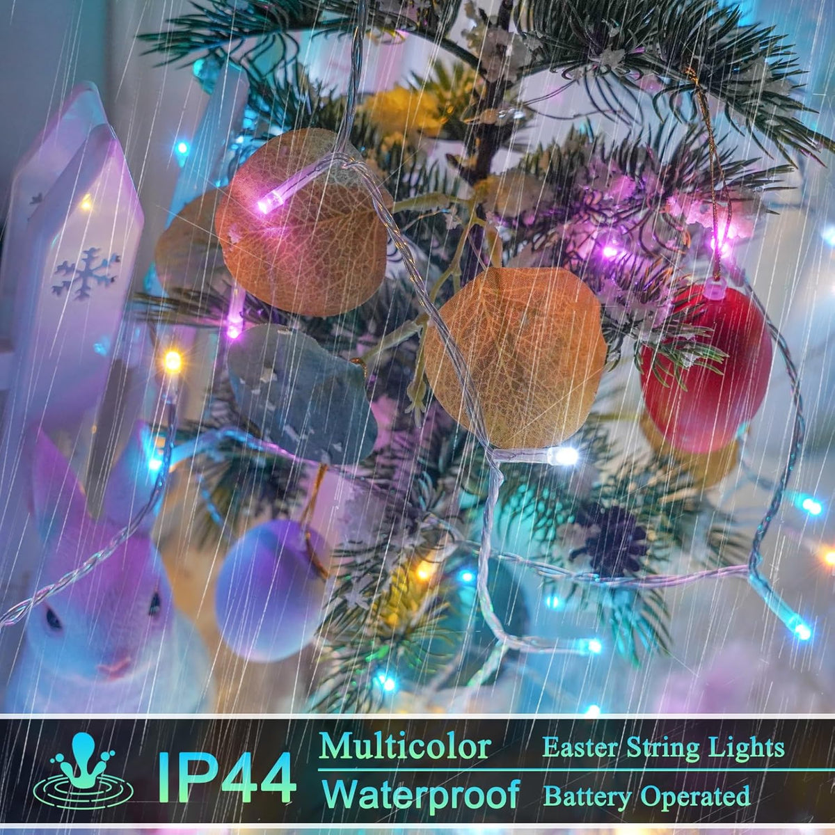 Easter Lights Battery Operated Fairy Lights, 2 Pack 33FT 100LED Multicolor easter String Lights, 8