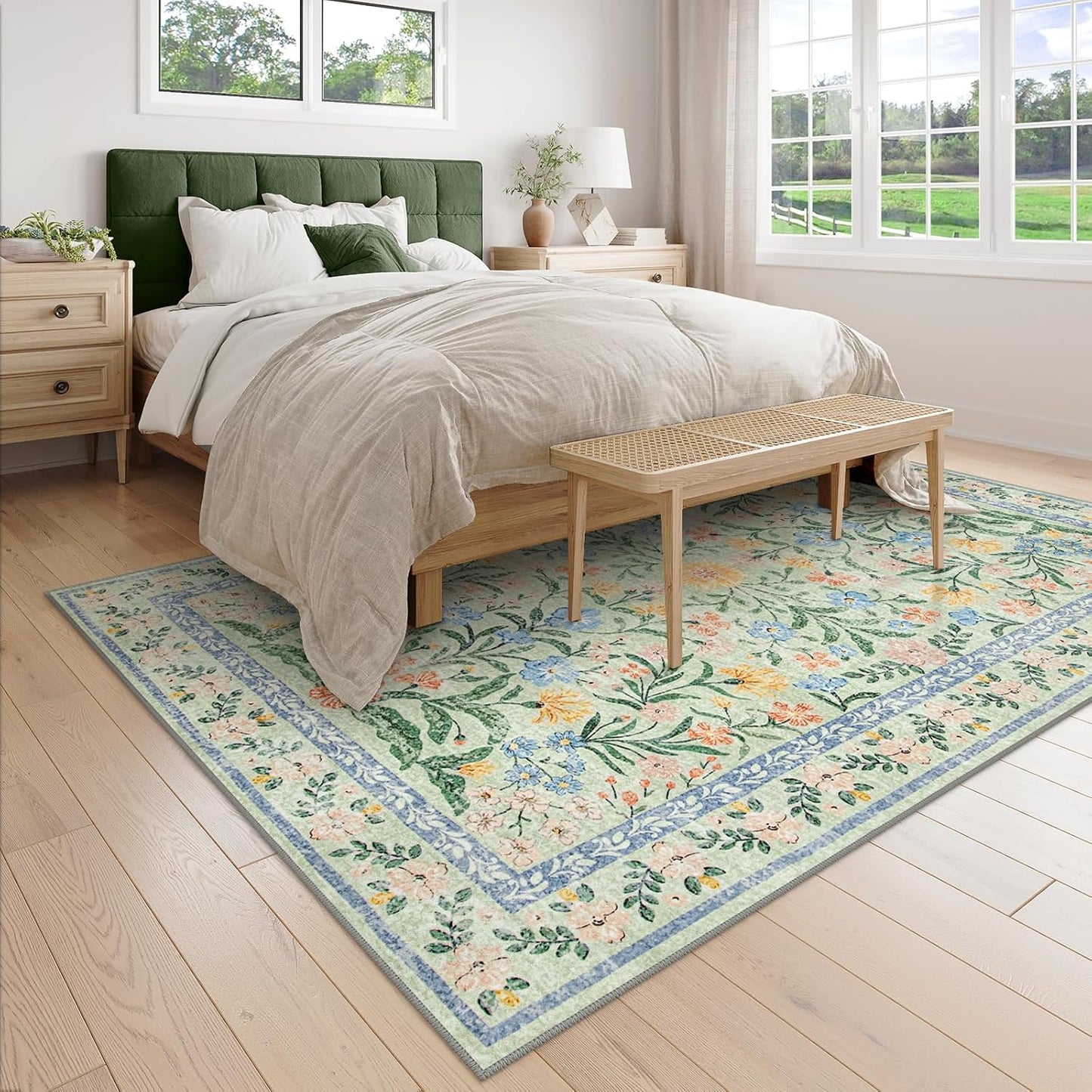 Wonnitar Machine Washable 5x7 Area Rug, Boho Floral Rugs for Living Room Non-Slip, Soft Pink and