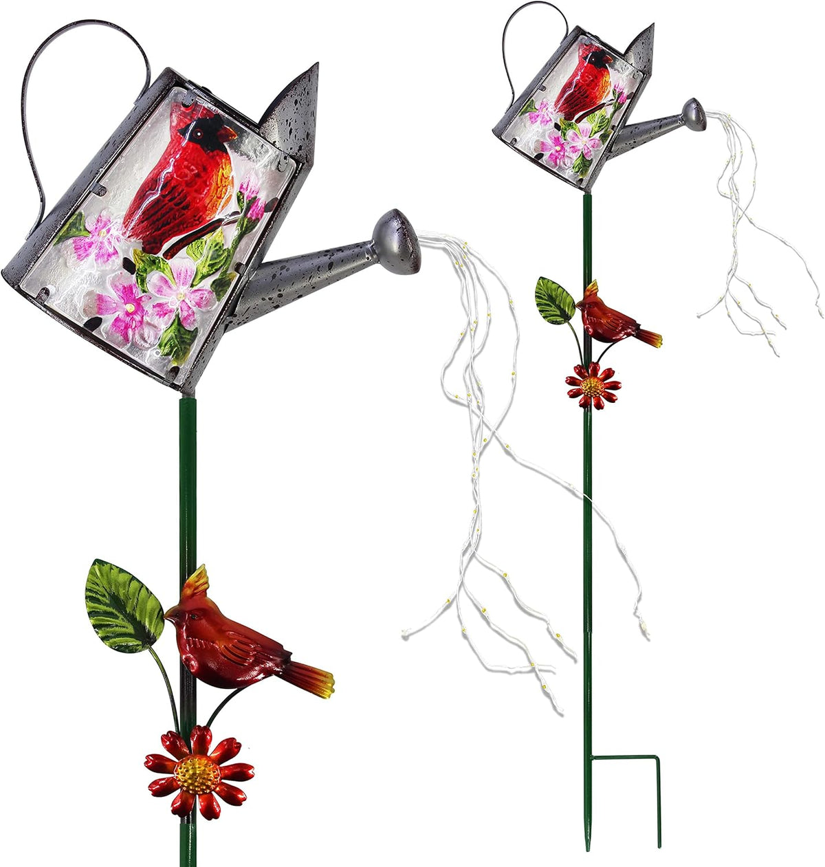 Garden Solar Lights Outdoor, Metal Watering Can Garden Stake Lights Cardinal Bird Decor Glass Art