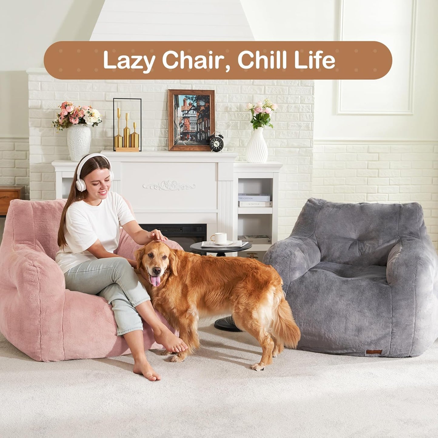 Hobestluk Bean Bag Chair for Adult Small Bean Bag Chairs with Arms Furry Beanbag Chair with Foam