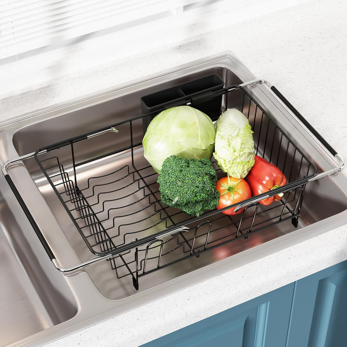 Dish Drying Rack in Sink, Over The Sink Colander Strainer Basket, Stainless Steel Strainer Basket