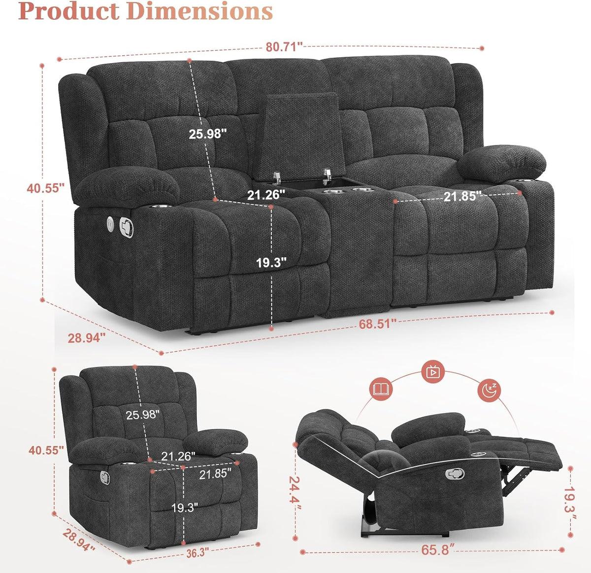 Recliner Sofa Set with 2+1 Pieces, Fabric Manual Pull Tab Reclining Loveseat with Storage Console