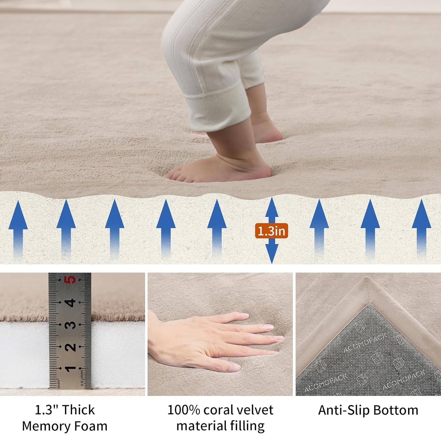 ACOMOPACK Baby Play Mat for Floor,1.3" Thick Memory Foam Area Rug for Living Room,Soft Velvet