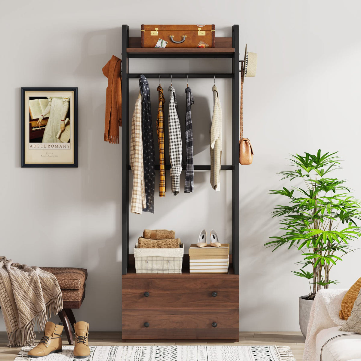 Tribesigns Freestanding Closet Organizer Small Clothes Rack Coat Rack with Drawers and Shelves