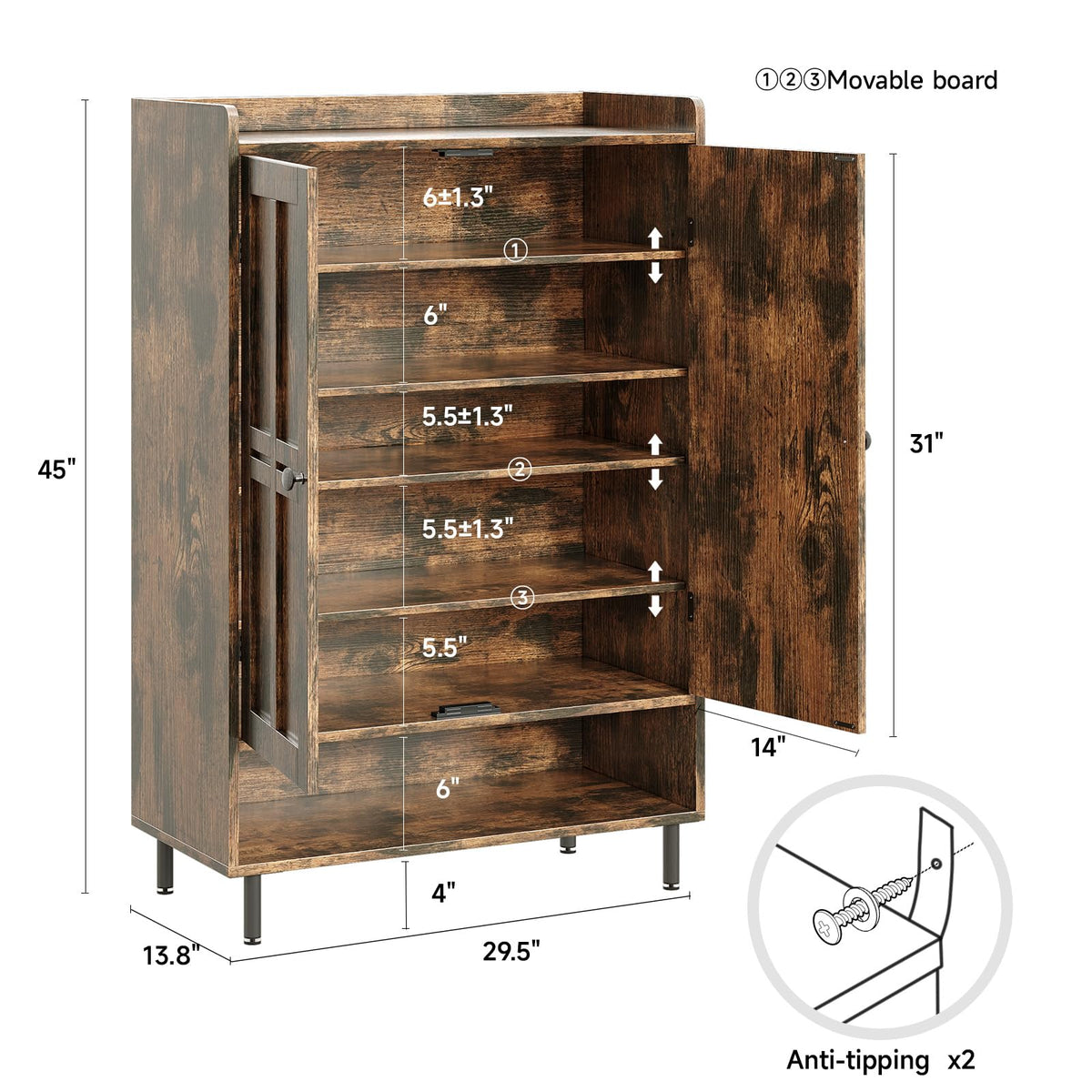 ComfyCorner Shoe Cabinet with Cross Molding Doors, 6-Tier Storage, Brown