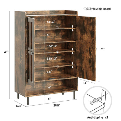 ComfyCorner Shoe Cabinet with Cross Molding Doors, 6-Tier Storage, Brown
