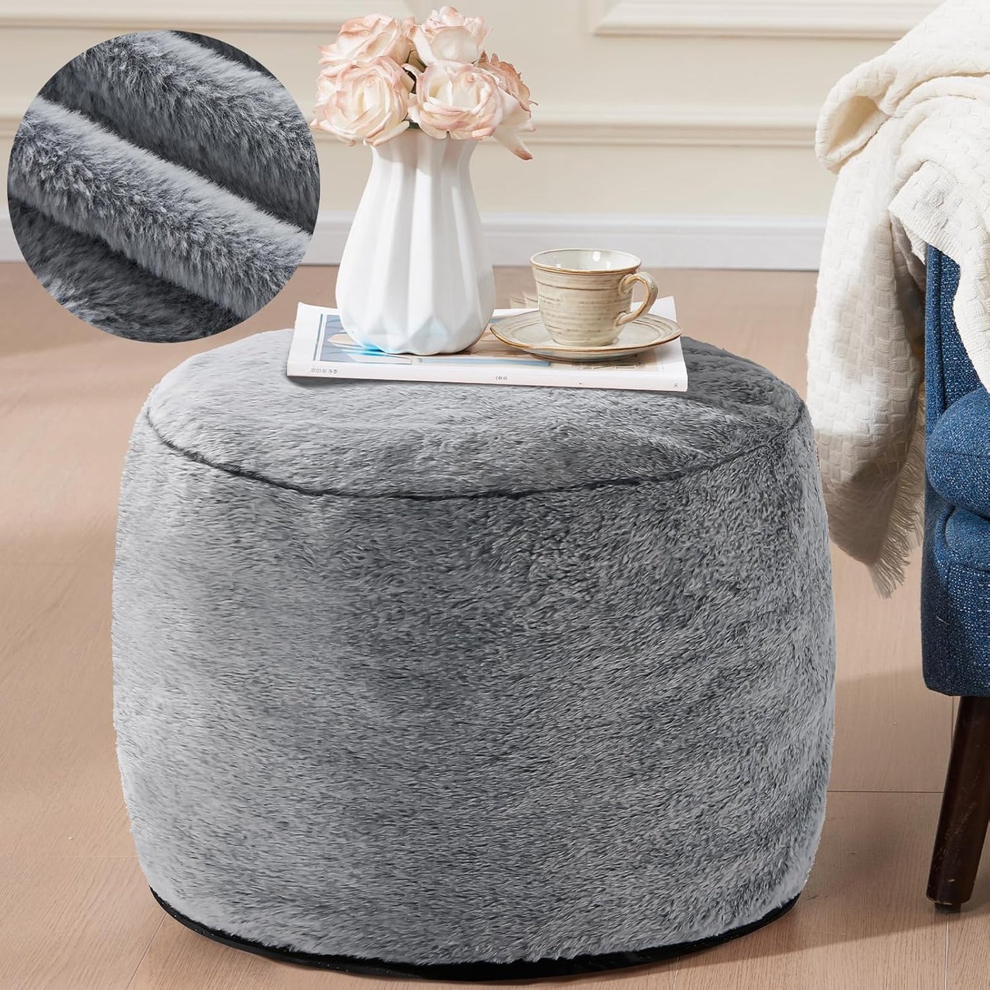 Round Ottoman Foot Rest for Couch 20"x15" Foot Stool Ottoman Pouf with Foam Chunk Filling Small