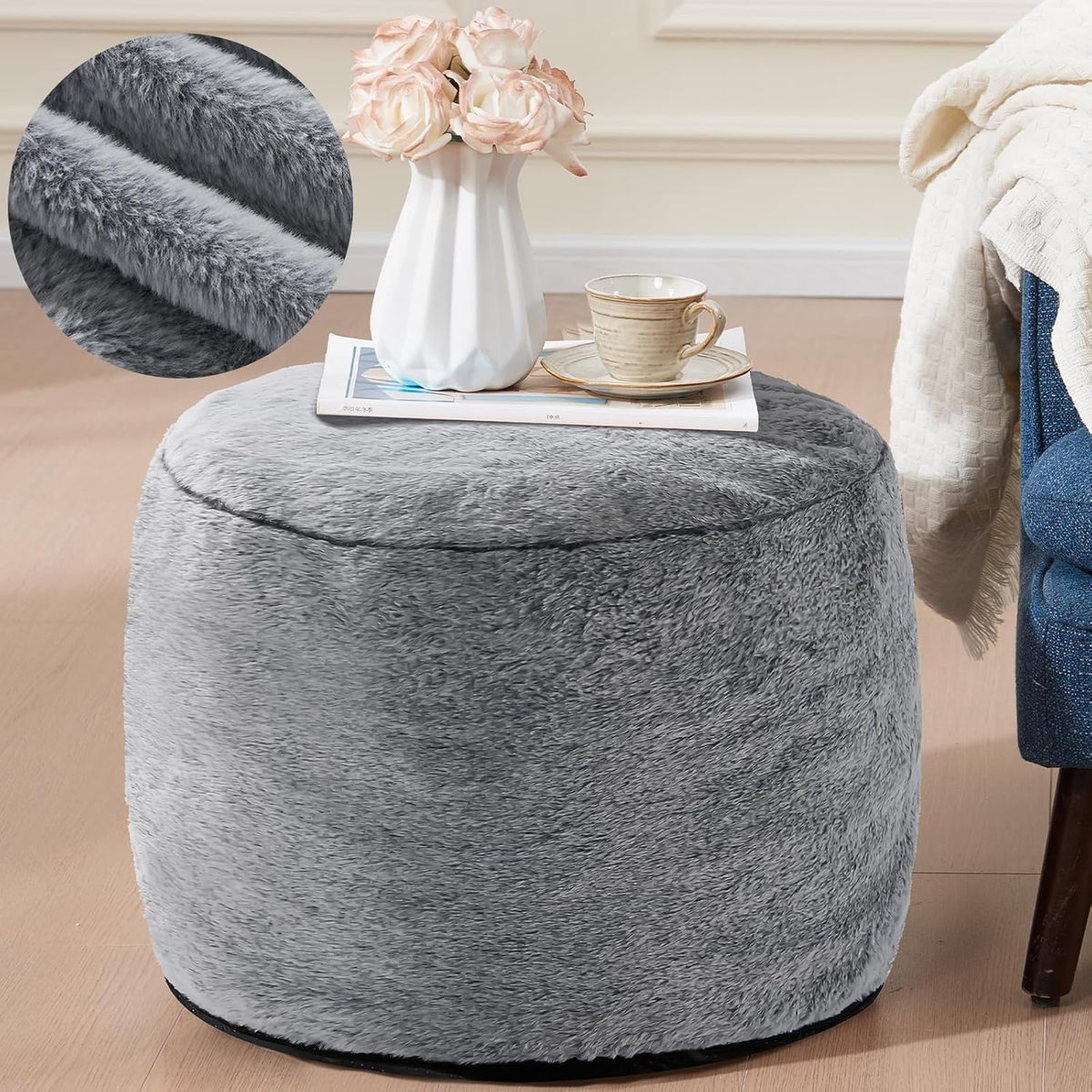 Round Ottoman Foot Rest for Couch 20"x15" Foot Stool Ottoman Pouf with Foam Chunk Filling Small
