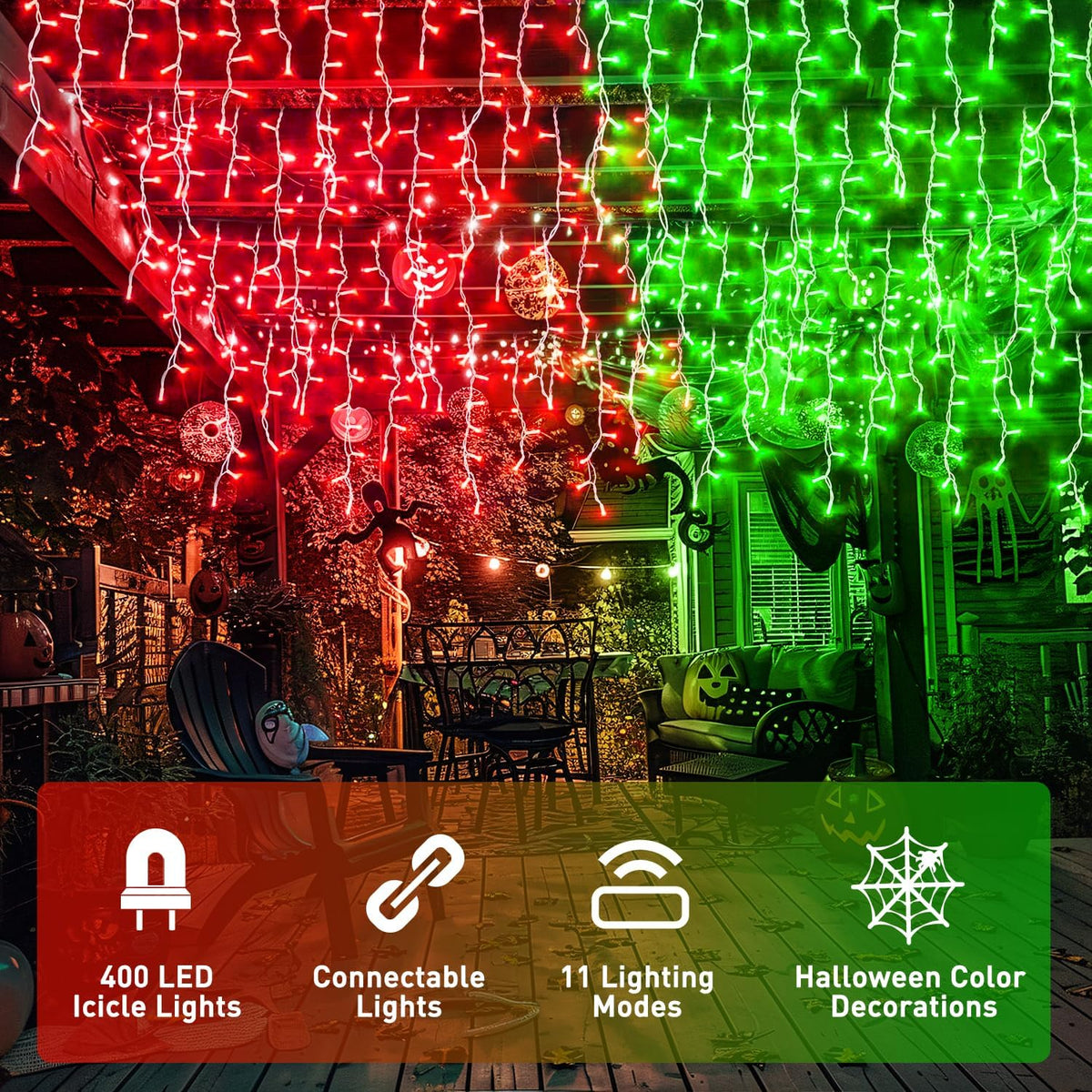 JMEXSUSS 400 LED Christmas Icicle Lights Outdoor, Red & Green Halloween Icicle Lights Clear